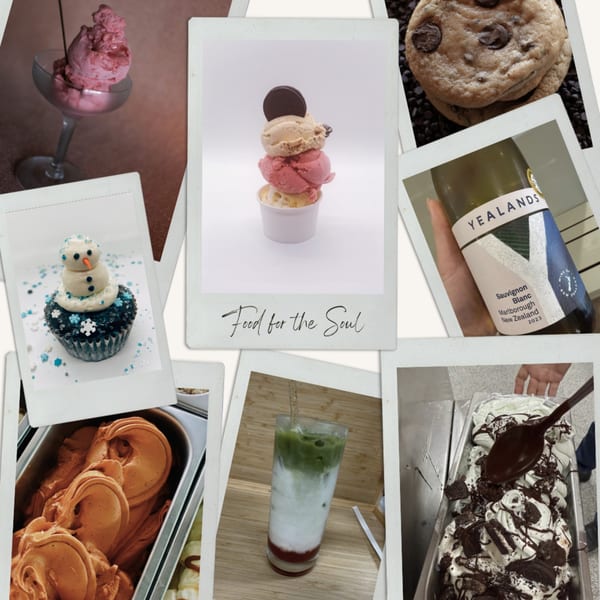 A collage of dessert and drink photos, including ice cream, cookies, a cupcake, and a wine bottle.