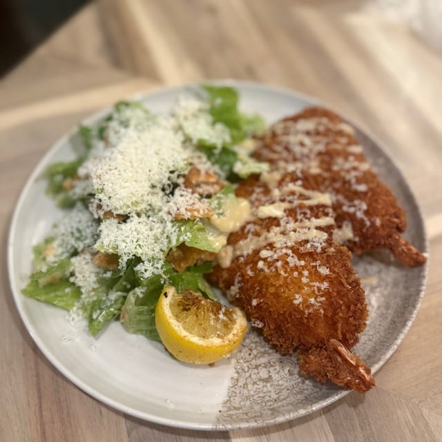 Crispy Prawn Caesar Salad.