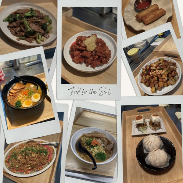 A collage of Sweetspot ramen dishes, including ramen bowls, fried rice, spring rolls, and bao buns.