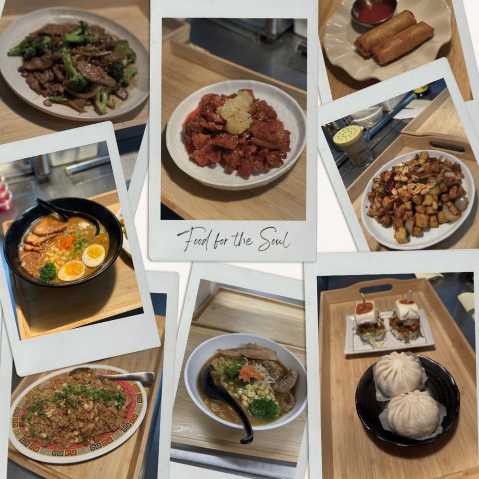 A collage of Sweetspot ramen dishes, including ramen bowls, fried rice, spring rolls, and bao buns.