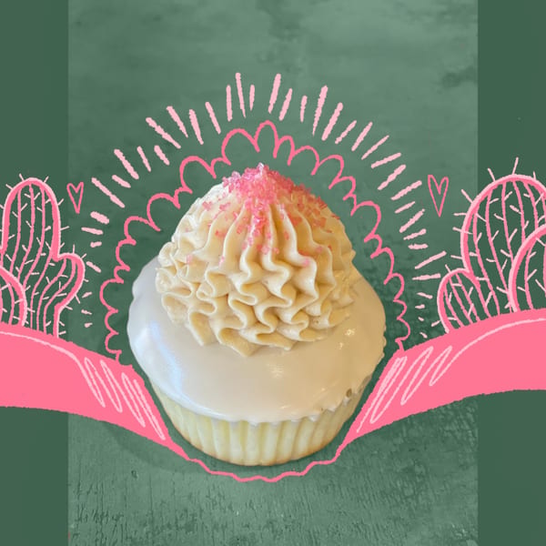 Sweetspot cupcake with white frosting and pink sprinkles, surrounded by pink desert-themed doodles.